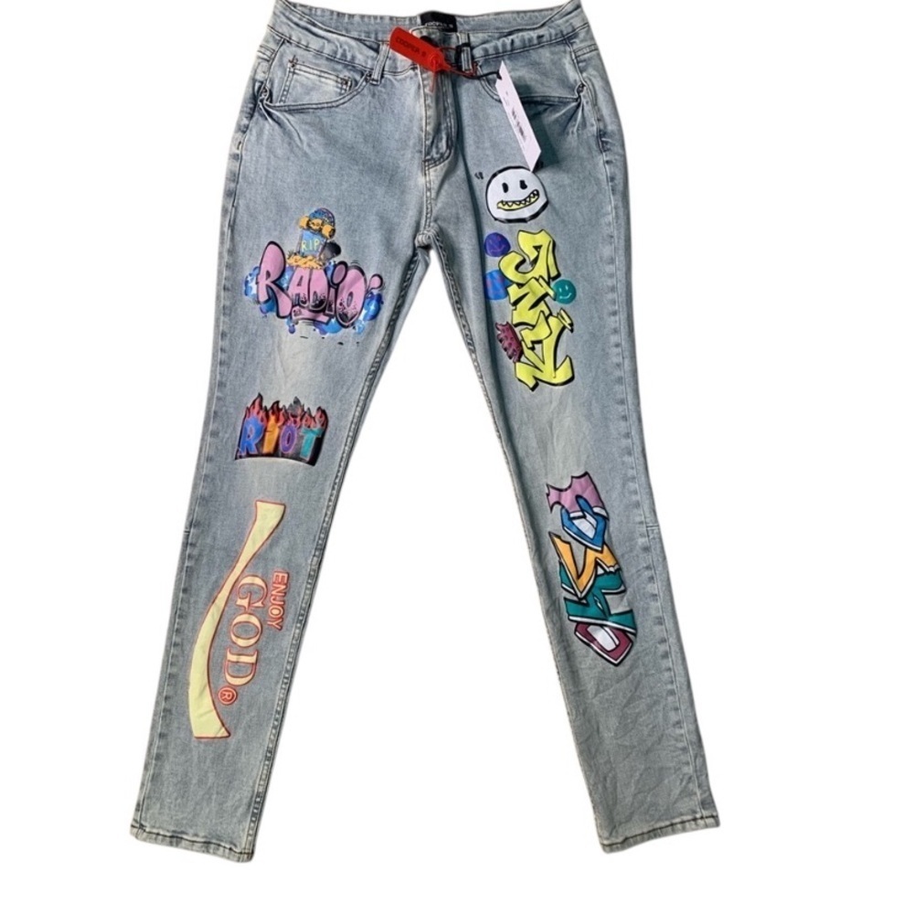 Sz 34 Light Blue Graphic Patch Jeans cooper 9